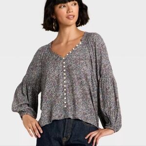 100% Rayon Blouse Button Down Abstract Loose Fit Casual Everyday Top Size XS